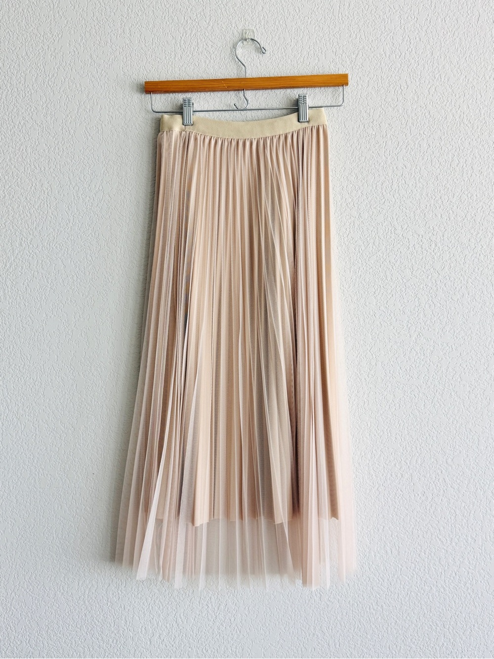 Pleated Tulle Midi Skirt in Light Beige